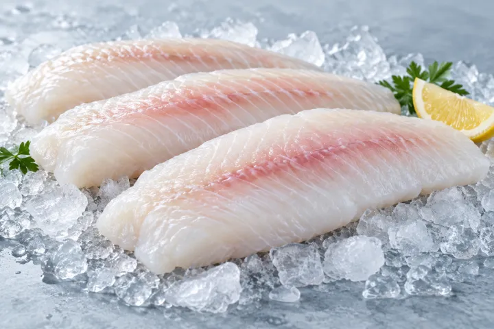 Filetes de pescado blanco crudo sobre hielo.