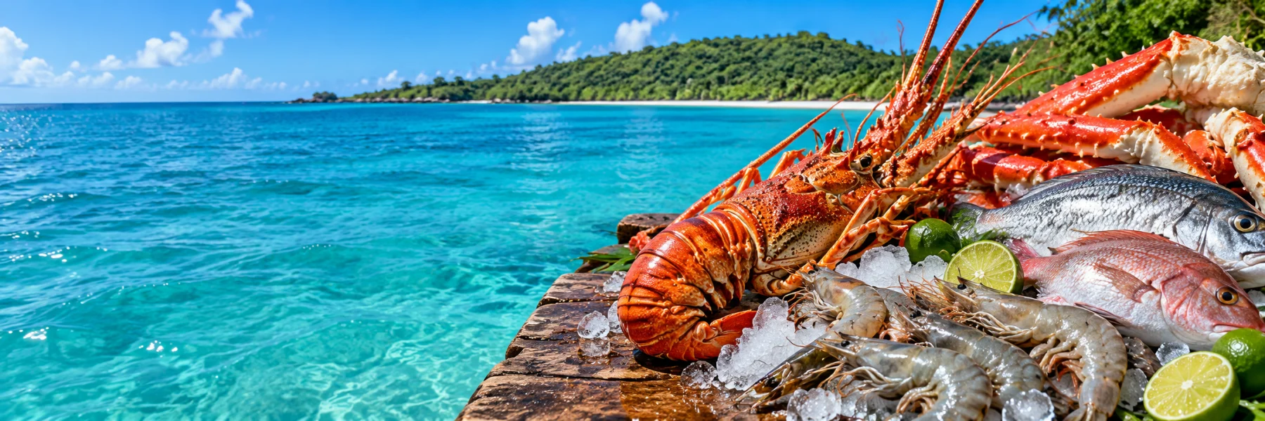 Selección ilustrativa de mariscos sobre hielo junto al mar.