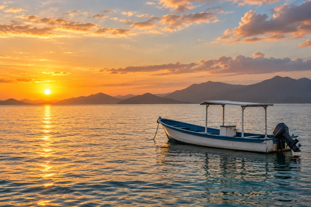 Escena ilustrativa de una pequeña embarcación en un mar tranquilo al atardecer.